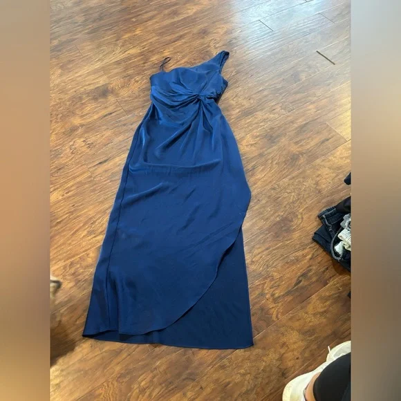 Abercrombie & Fitch One-Shoulder Satin Knotted Midi Dress Royal Blue Size XS - Picture 3 of 6